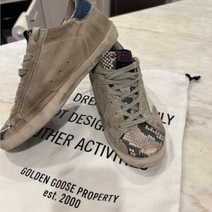 Golden Goose Taupe and Snake Print Sneakers